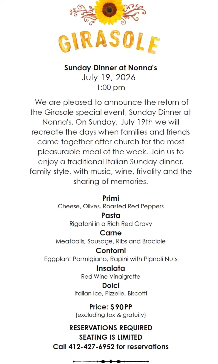 Girasole Sunday Dinner at Nonna’s will be held on July 19, 2026
